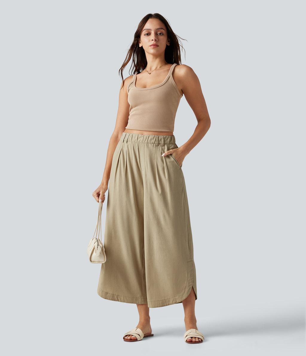 High Waisted Wide Leg Curved Hem Cropped Casual Stretch Linen Trousers with Pockets — Oatfield Cream — view 7