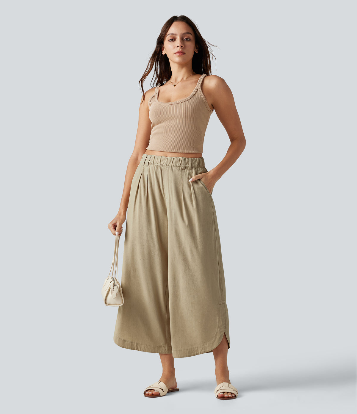High Waisted Wide Leg Curved Hem Cropped Casual Stretch Linen Trousers with Pockets — Oatfield Cream — view 7