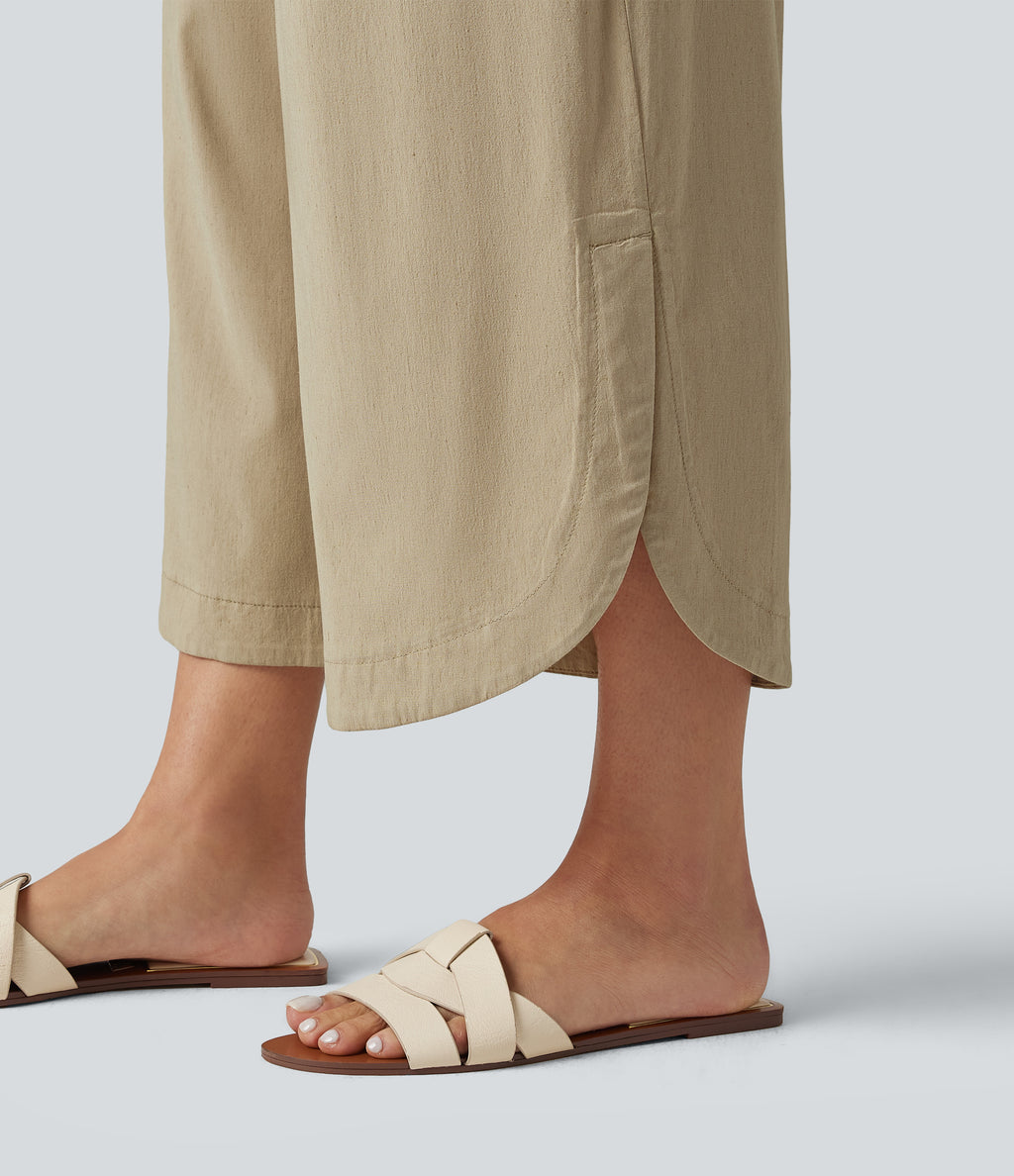 High Waisted Wide Leg Curved Hem Cropped Casual Stretch Linen Trousers with Pockets — Oatfield Cream — view 6