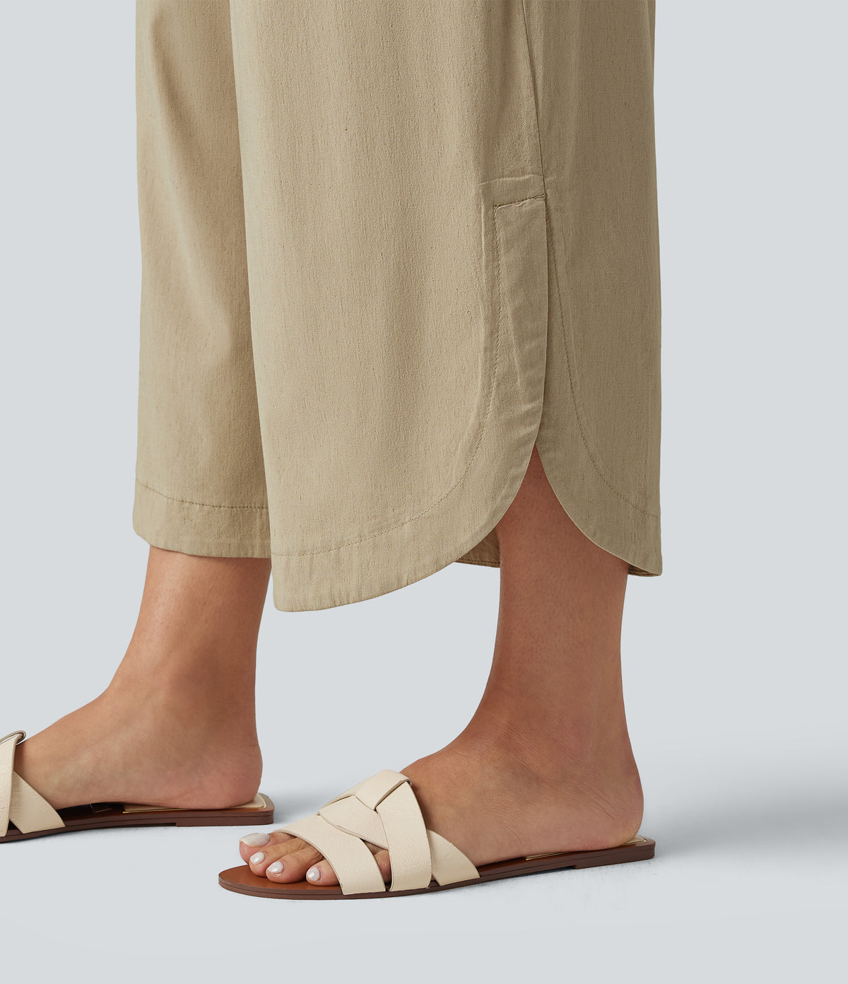 High Waisted Wide Leg Curved Hem Cropped Casual Stretch Linen Trousers with Pockets — Oatfield Cream — view 6