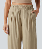 High Waisted Wide Leg Curved Hem Cropped Casual Stretch Linen Trousers with Pockets — Oatfield Cream — view 4