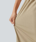 High Waisted Wide Leg Curved Hem Cropped Casual Stretch Linen Trousers with Pockets — Oatfield Cream — view 5