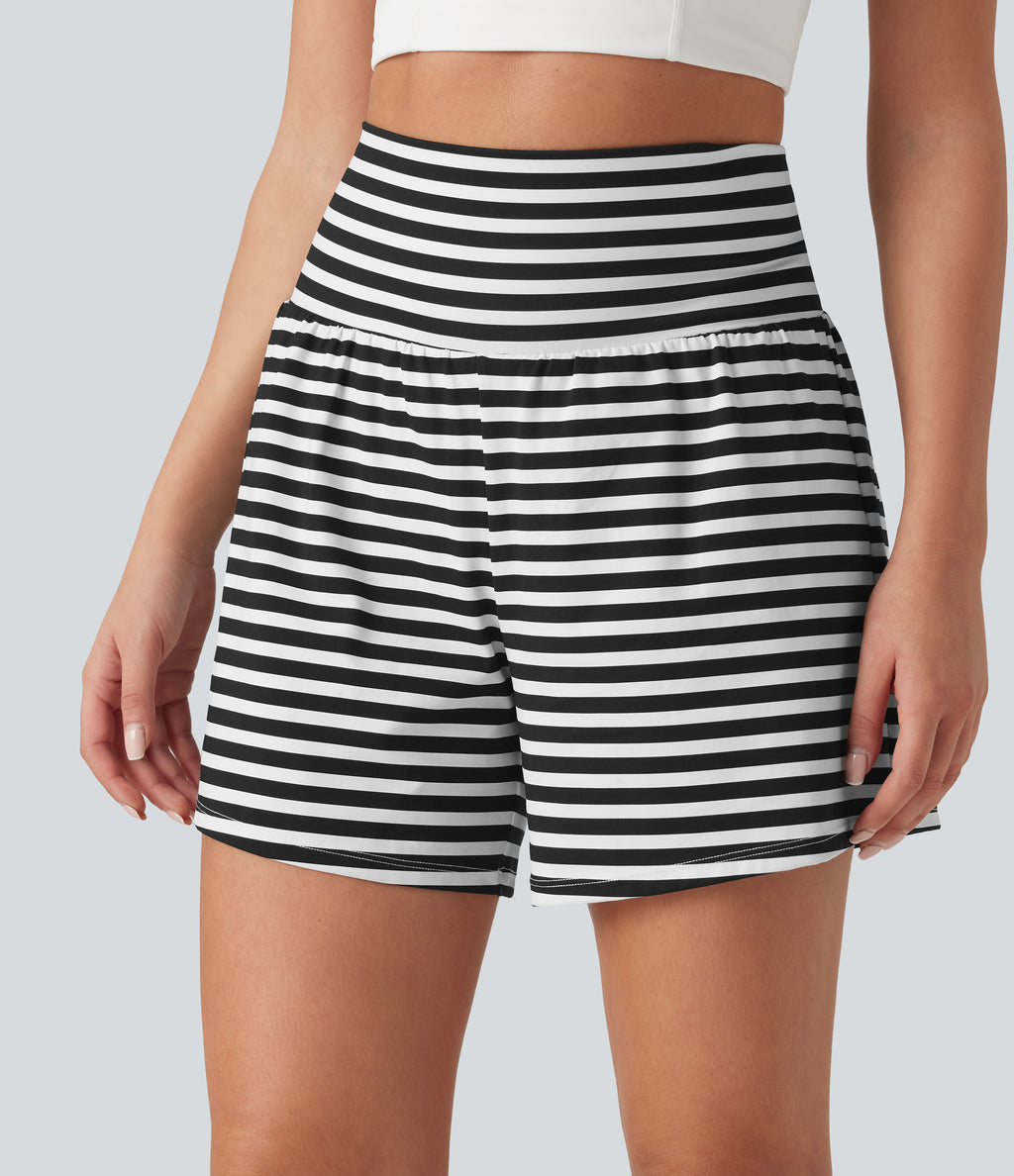 High Waisted 2-in-1 Stripe Shorts 5'' with Pockets — Inkbound Classic Stripe — view 3