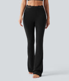 V-Shaped High Waisted Contrast Lace Bootcut Yoga Leggings with Pockets — Black — view 3