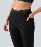 V-Shaped High Waisted Contrast Lace Bootcut Yoga Leggings with Pockets — Black — view 4
