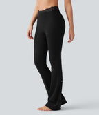 V-Shaped High Waisted Contrast Lace Bootcut Yoga Leggings with Pockets — Black — view 1