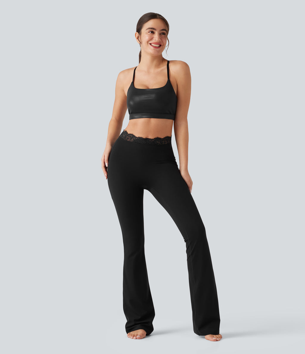 V-Shaped High Waisted Contrast Lace Bootcut Yoga Leggings with Pockets — Black — view 7