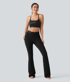 V-Shaped High Waisted Contrast Lace Bootcut Yoga Leggings with Pockets — Black — view 7