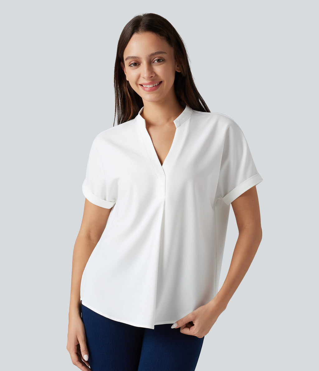 Wrinkle-resistant V-neck Short Sleeve Curved Hem Work Chiffon Blouse — White — view 4