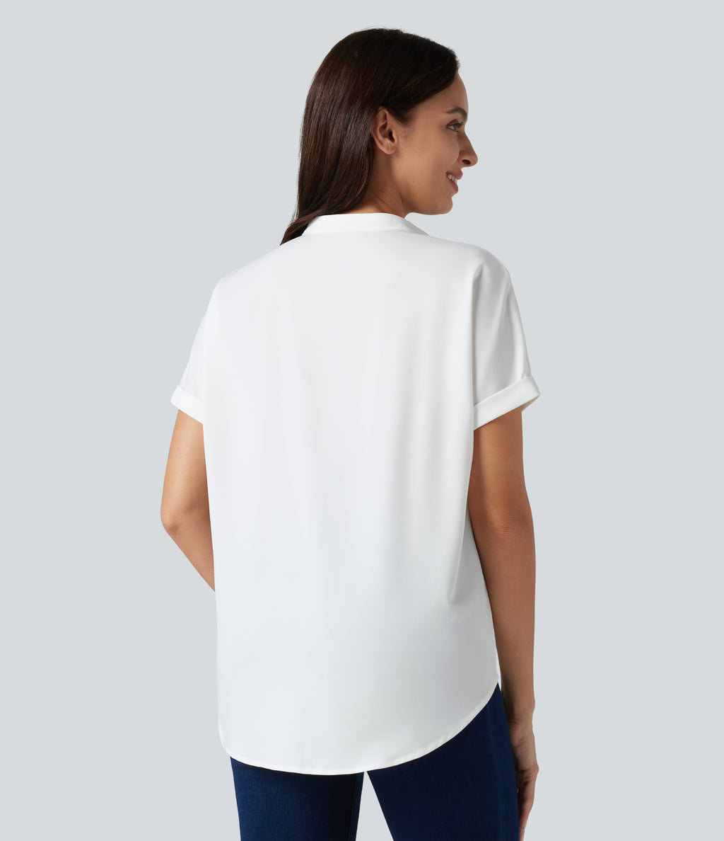 Wrinkle-resistant V-neck Short Sleeve Curved Hem Work Chiffon Blouse — White — view 2