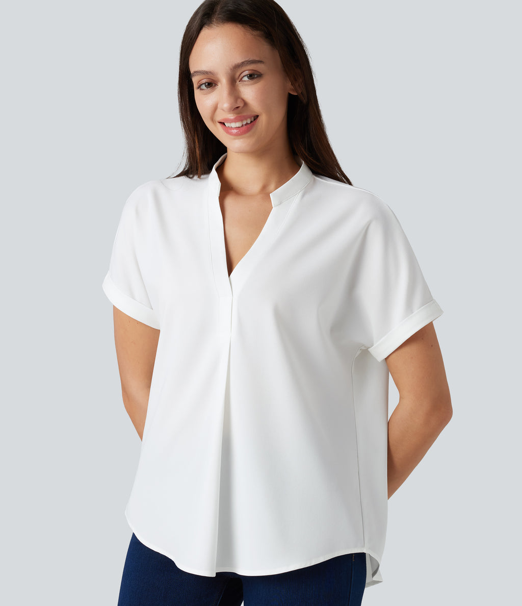Wrinkle-resistant V-neck Short Sleeve Curved Hem Work Chiffon Blouse — White — view 5