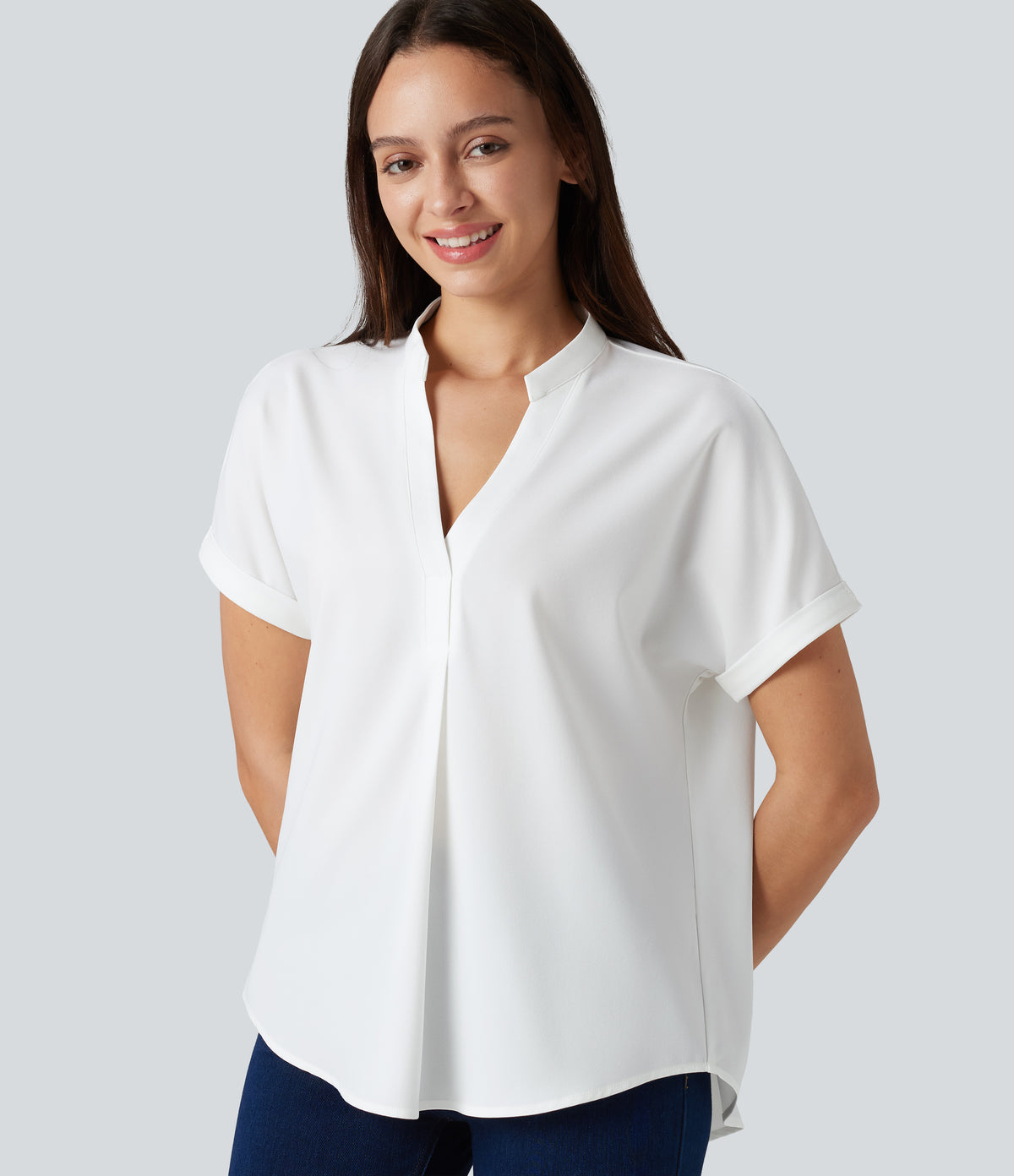 Wrinkle-resistant V-neck Short Sleeve Curved Hem Work Chiffon Blouse — White — view 5