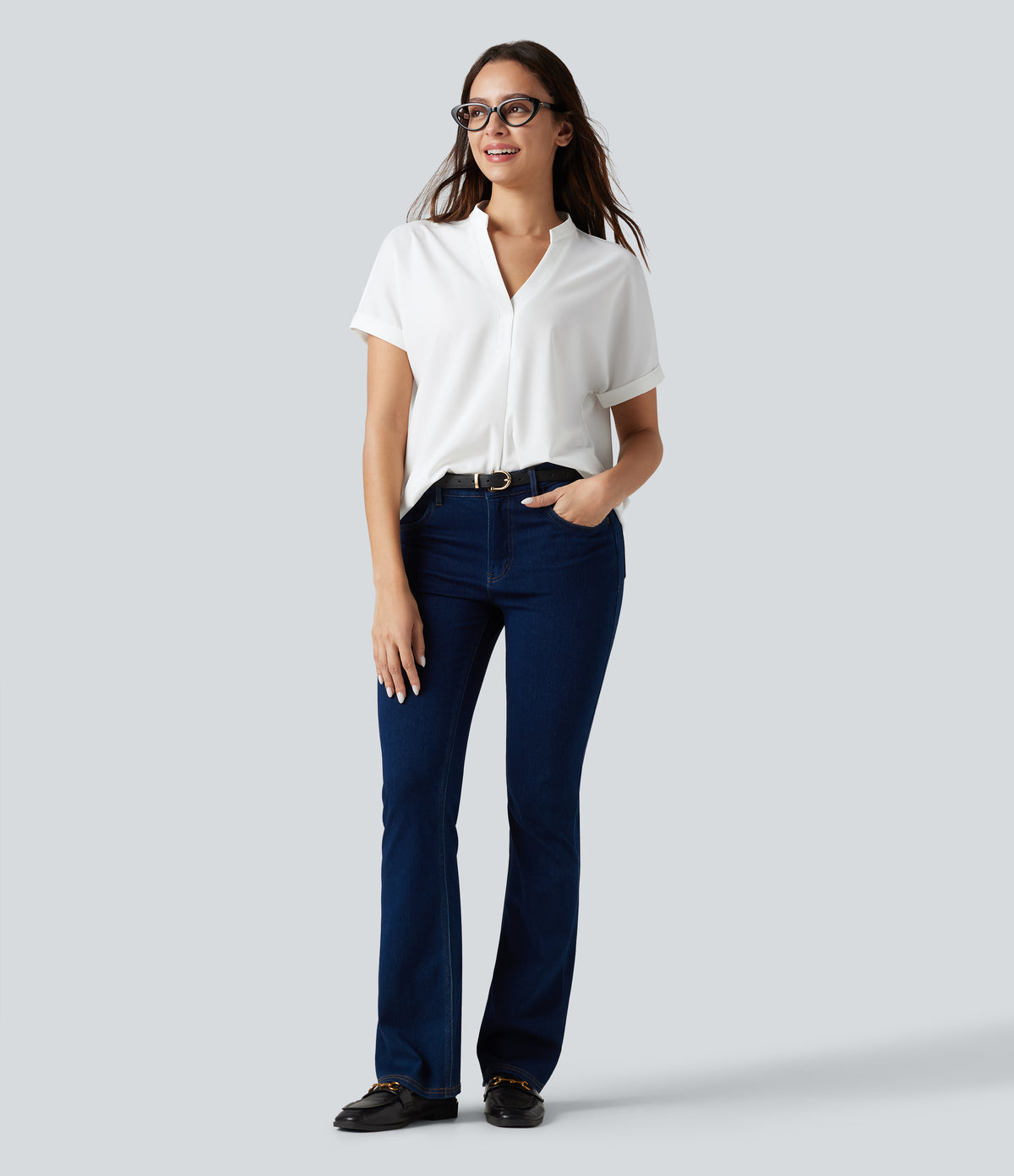 Wrinkle-resistant V-neck Short Sleeve Curved Hem Work Chiffon Blouse — White — view 6