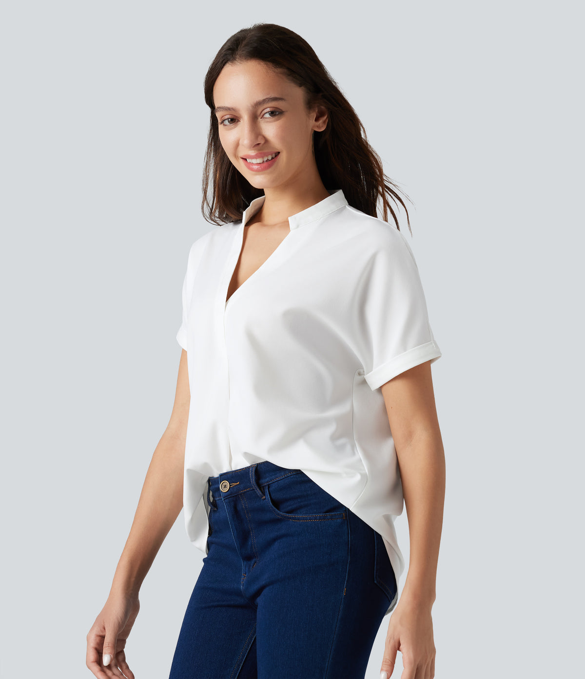 Wrinkle-resistant V-neck Short Sleeve Curved Hem Work Chiffon Blouse — White — view 3