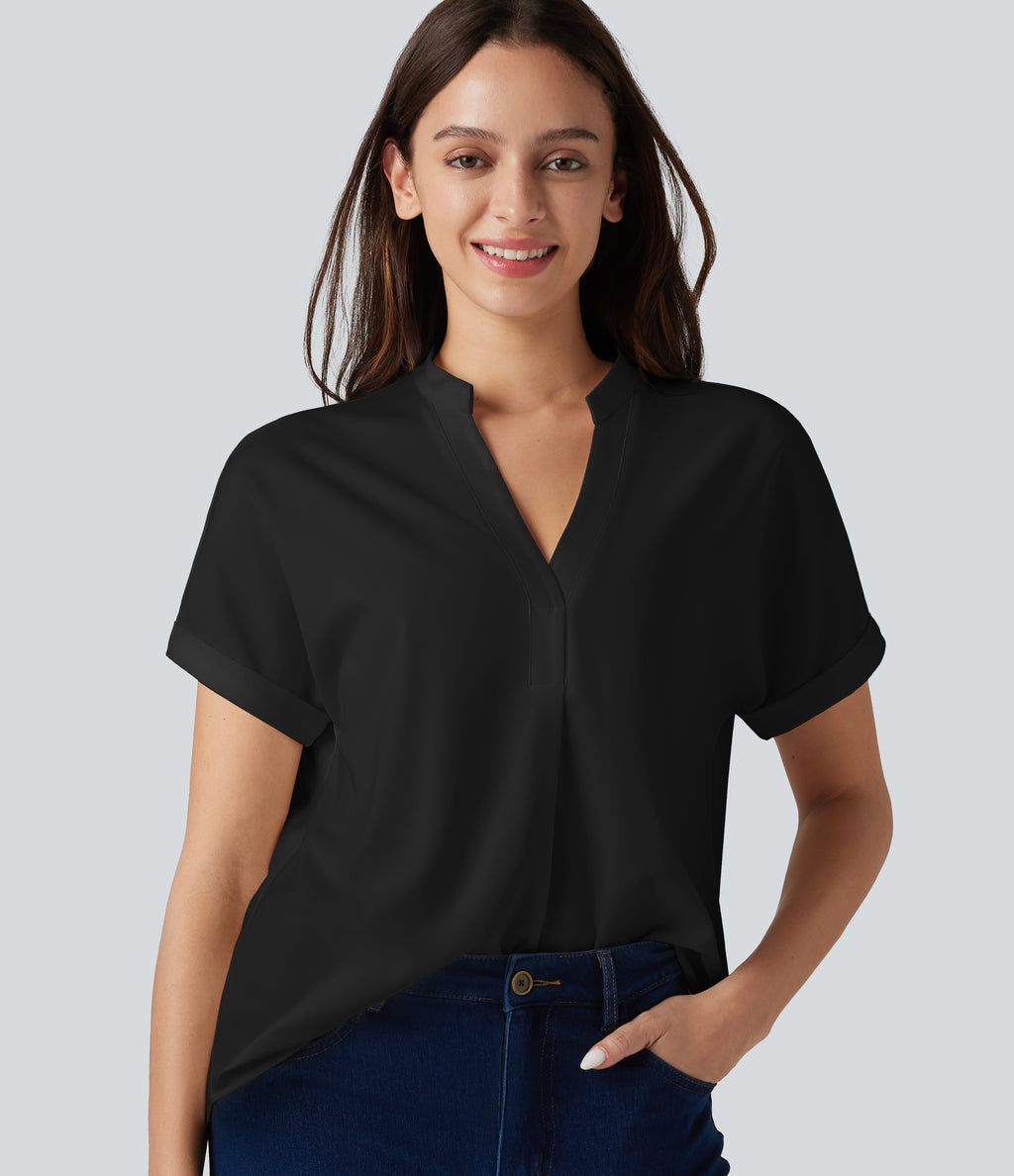 Wrinkle-resistant V-neck Short Sleeve Curved Hem Work Chiffon Blouse — Black — view 8