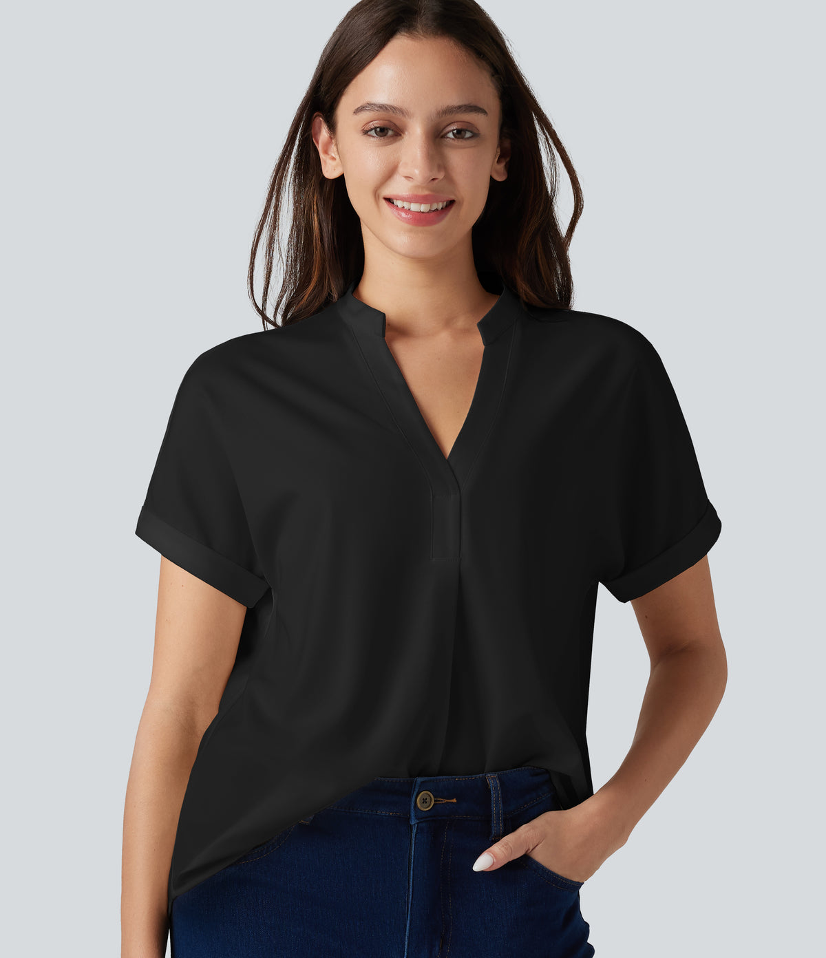 Wrinkle-resistant V-neck Short Sleeve Curved Hem Work Chiffon Blouse — Black — view 8