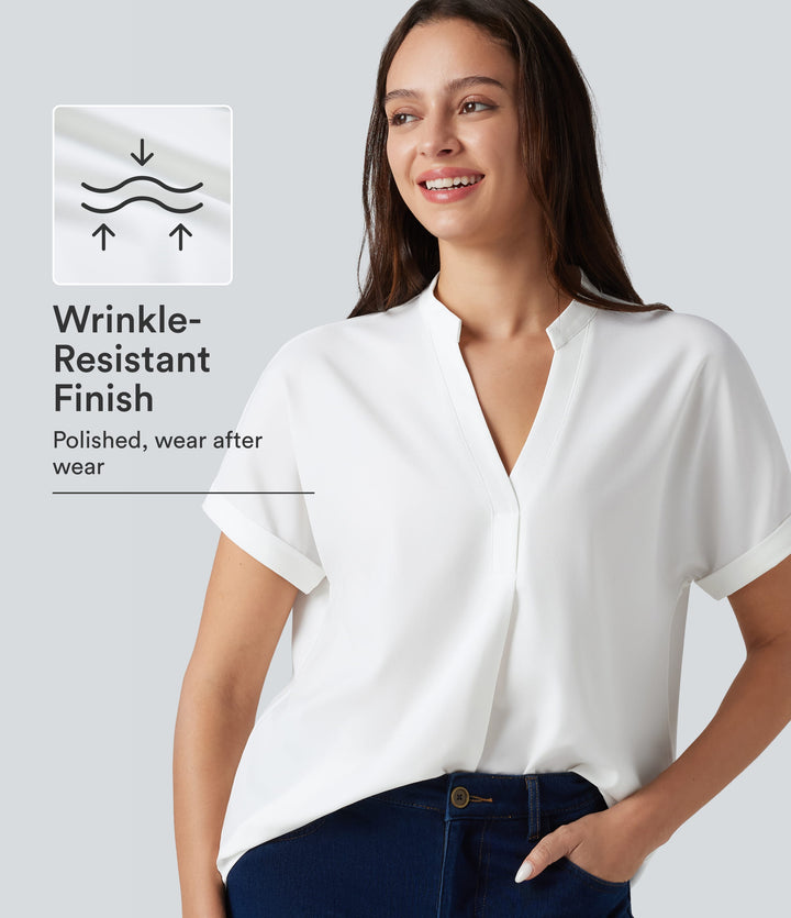 Wrinkle-resistant V-neck Short Sleeve Curved Hem Work Chiffon Blouse — White — view 1