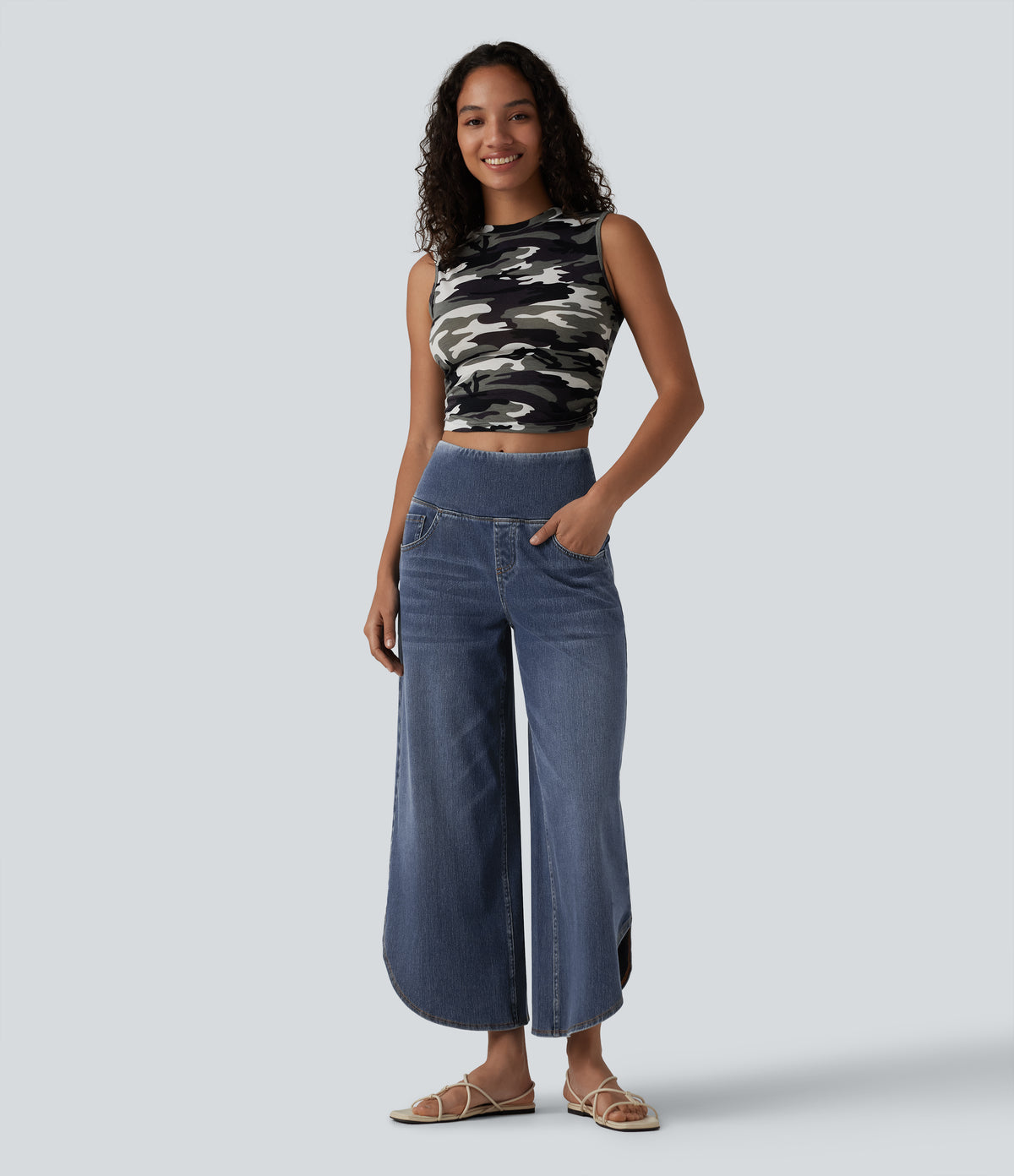 High Waisted Tummy Control Curved Hem Casual 7/8 Wide Leg Jeans with Pockets — Tide Blue Denim — view 7