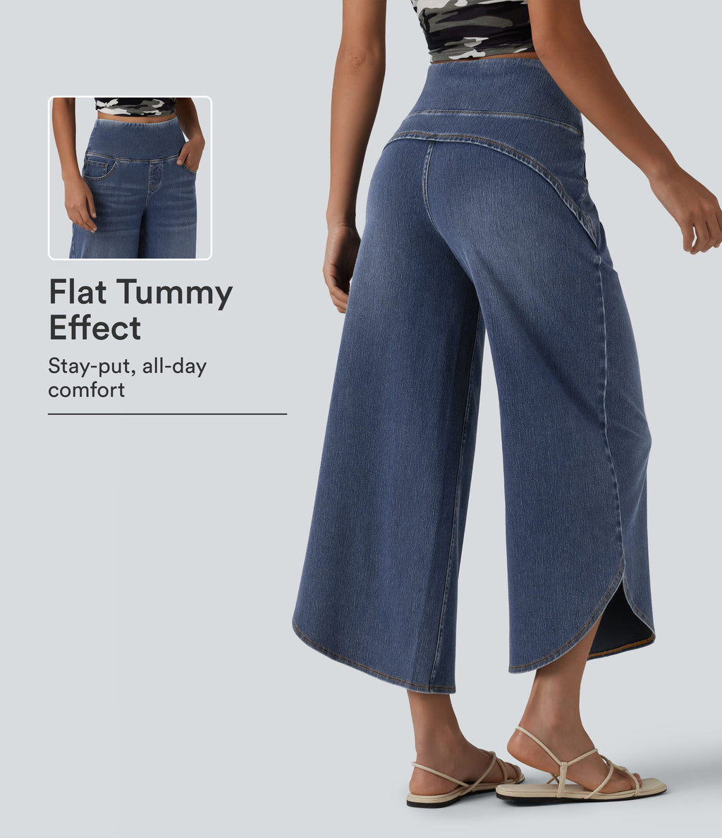 High Waisted Tummy Control Curved Hem Casual 7/8 Wide Leg Jeans with Pockets — Tide Blue Denim — view 1