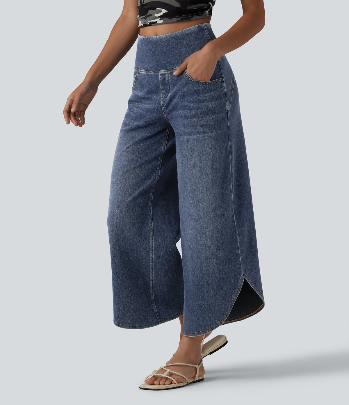High Waisted Tummy Control Curved Hem Casual 7/8 Wide Leg Jeans with Pockets — Tide Blue Denim — view 3