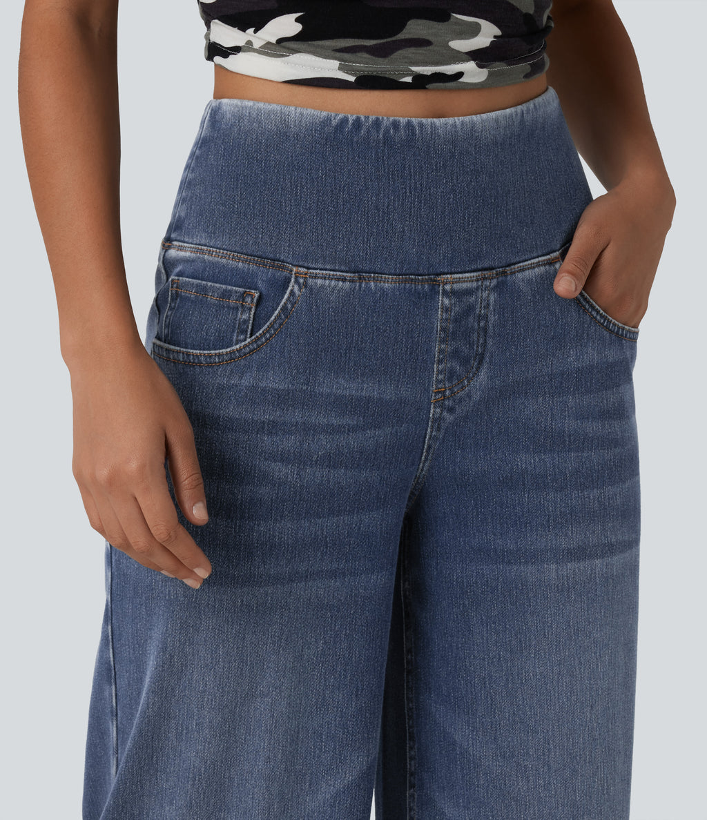 High Waisted Tummy Control Curved Hem Casual 7/8 Wide Leg Jeans with Pockets — Tide Blue Denim — view 5