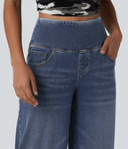High Waisted Tummy Control Curved Hem Casual 7/8 Wide Leg Jeans with Pockets — Tide Blue Denim — view 5