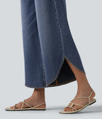 High Waisted Tummy Control Curved Hem Casual 7/8 Wide Leg Jeans with Pockets — Tide Blue Denim — view 6