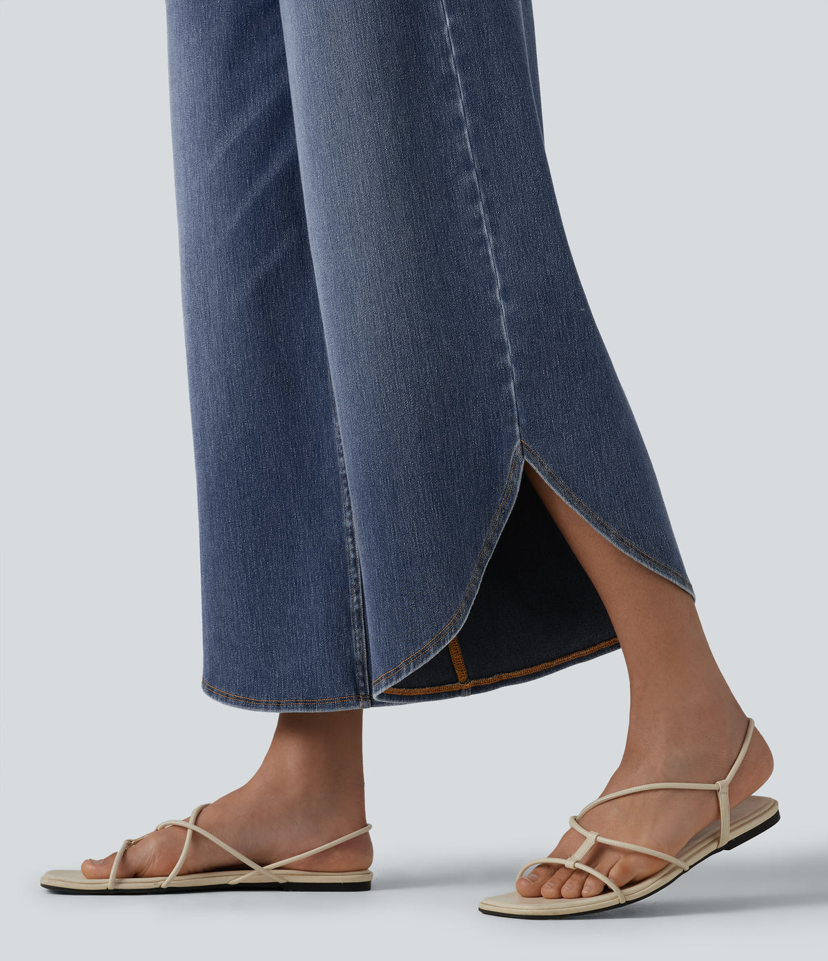 High Waisted Tummy Control Curved Hem Casual 7/8 Wide Leg Jeans with Pockets — Tide Blue Denim — view 6