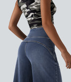 High Waisted Tummy Control Curved Hem Casual 7/8 Wide Leg Jeans with Pockets — Tide Blue Denim — view 4