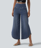 High Waisted Tummy Control Curved Hem Casual 7/8 Wide Leg Jeans with Pockets — Tide Blue Denim — view 2