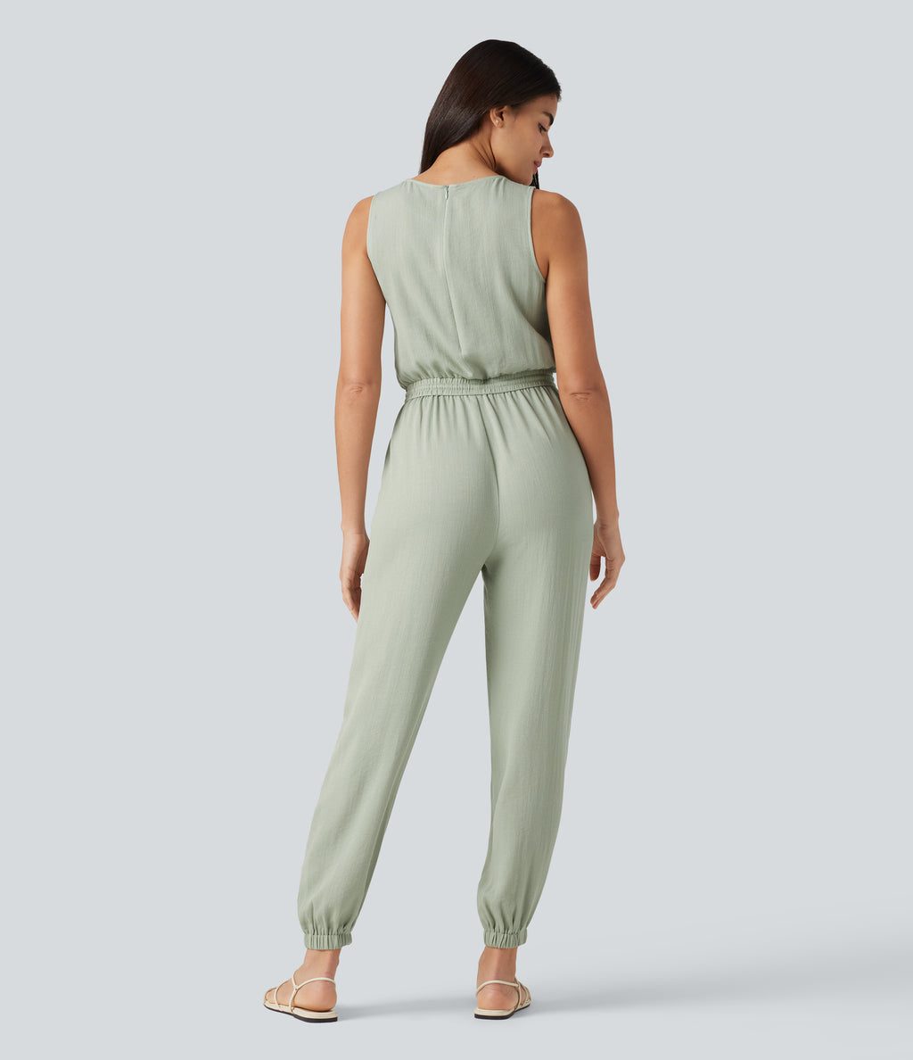 Round Neck Sleeveless Drawstring Linen-Feel Casual Jumpsuit with Pockets — Fog Green — view 2
