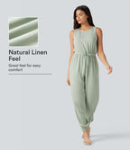Round Neck Sleeveless Drawstring Linen-Feel Casual Jumpsuit with Pockets — Fog Green — view 1
