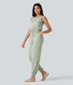 Round Neck Sleeveless Drawstring Linen-Feel Casual Jumpsuit with Pockets — Fog Green — view 3