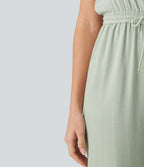 Round Neck Sleeveless Drawstring Linen-Feel Casual Jumpsuit with Pockets — Fog Green — view 6