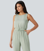 Round Neck Sleeveless Drawstring Linen-Feel Casual Jumpsuit with Pockets — Fog Green — view 4