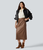 High Waisted Invisible Zipper Split Stretchy PU Fleece Midi Work Pencil Skirt — Argan Oil — view 7