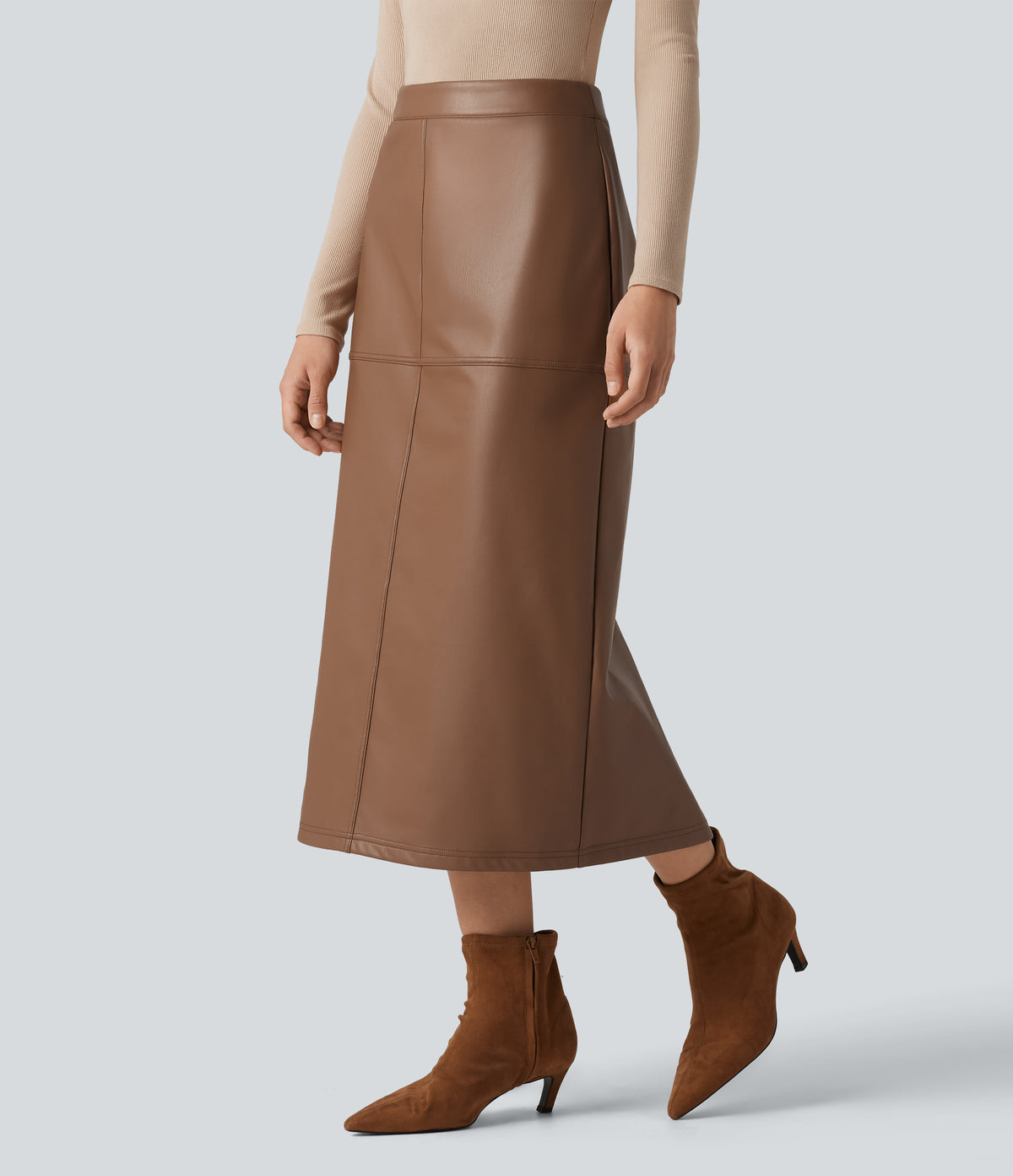 High Waisted Invisible Zipper Split Stretchy PU Fleece Midi Work Pencil Skirt — Argan Oil — view 3