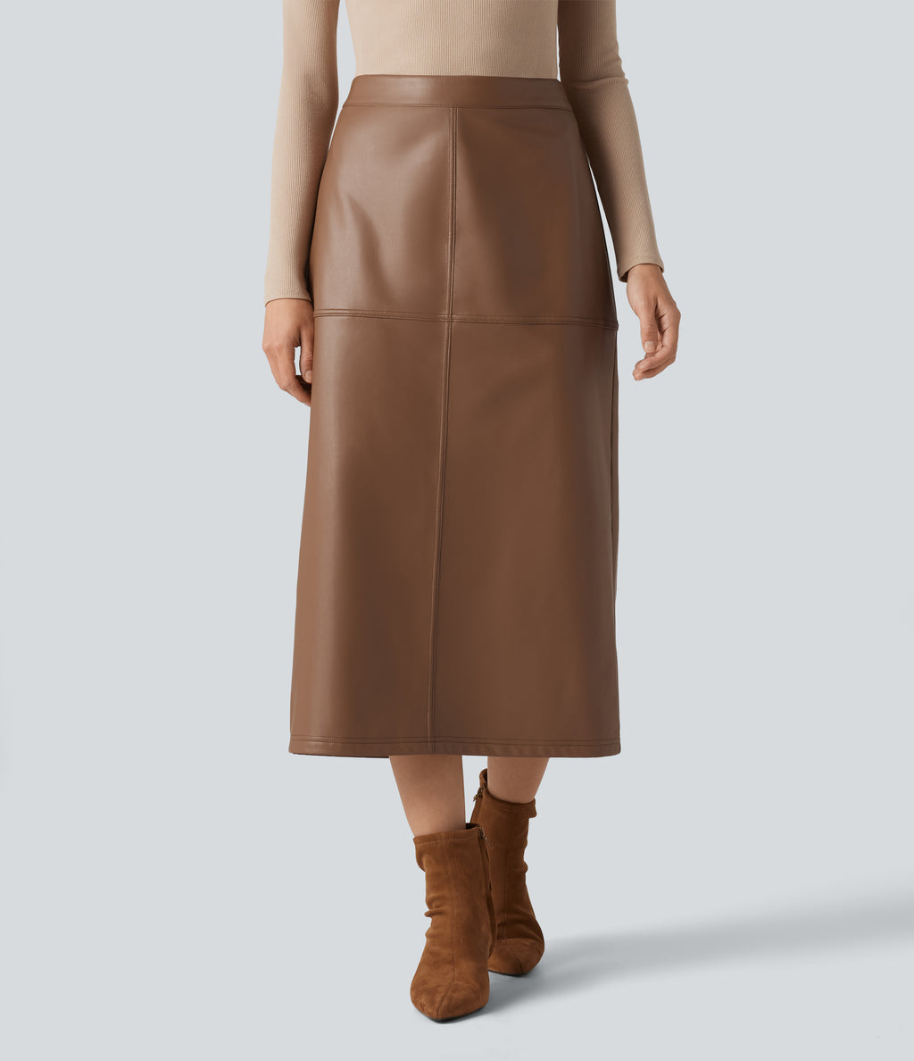 High Waisted Invisible Zipper Split Stretchy PU Fleece Midi Work Pencil Skirt — Argan Oil — view 2