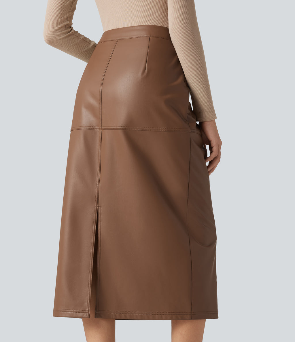 High Waisted Invisible Zipper Split Stretchy PU Fleece Midi Work Pencil Skirt — Argan Oil — view 6