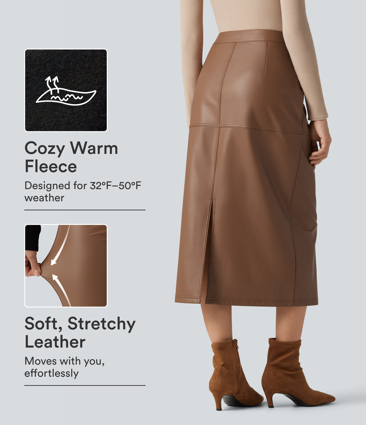 High Waisted Invisible Zipper Split Stretchy PU Fleece Midi Work Pencil Skirt — Argan Oil — view 1