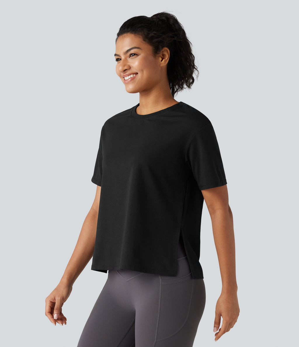 Round Neck Short Sleeve Split Hem Loose Fit Yoga Cotton Sports Top — Black — view 3