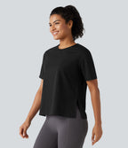 Round Neck Short Sleeve Split Hem Loose Fit Yoga Cotton Sports Top — Black — view 3