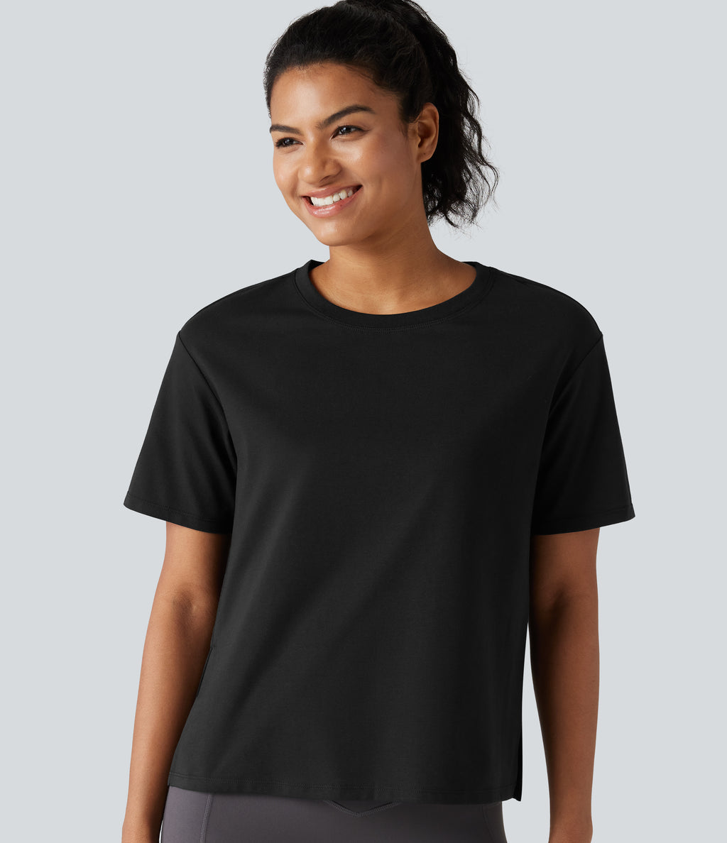 Round Neck Short Sleeve Split Hem Loose Fit Yoga Cotton Sports Top — Black — view 1