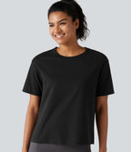 Round Neck Short Sleeve Split Hem Loose Fit Yoga Cotton Sports Top — Black — view 1