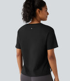 Round Neck Short Sleeve Split Hem Loose Fit Yoga Cotton Sports Top — Black — view 6