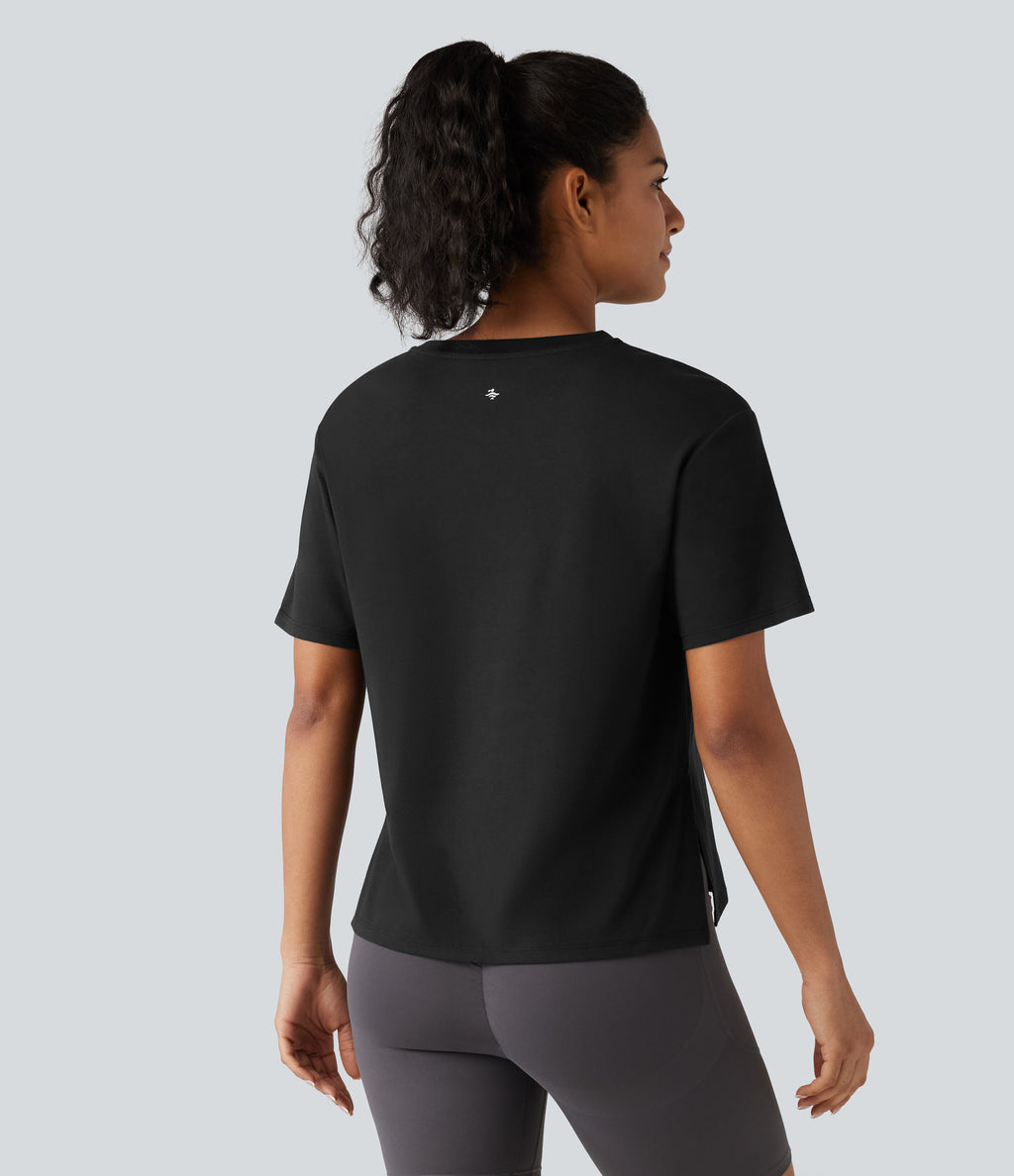 Round Neck Short Sleeve Split Hem Loose Fit Yoga Cotton Sports Top — Black — view 2