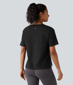 Round Neck Short Sleeve Split Hem Loose Fit Yoga Cotton Sports Top — Black — view 2