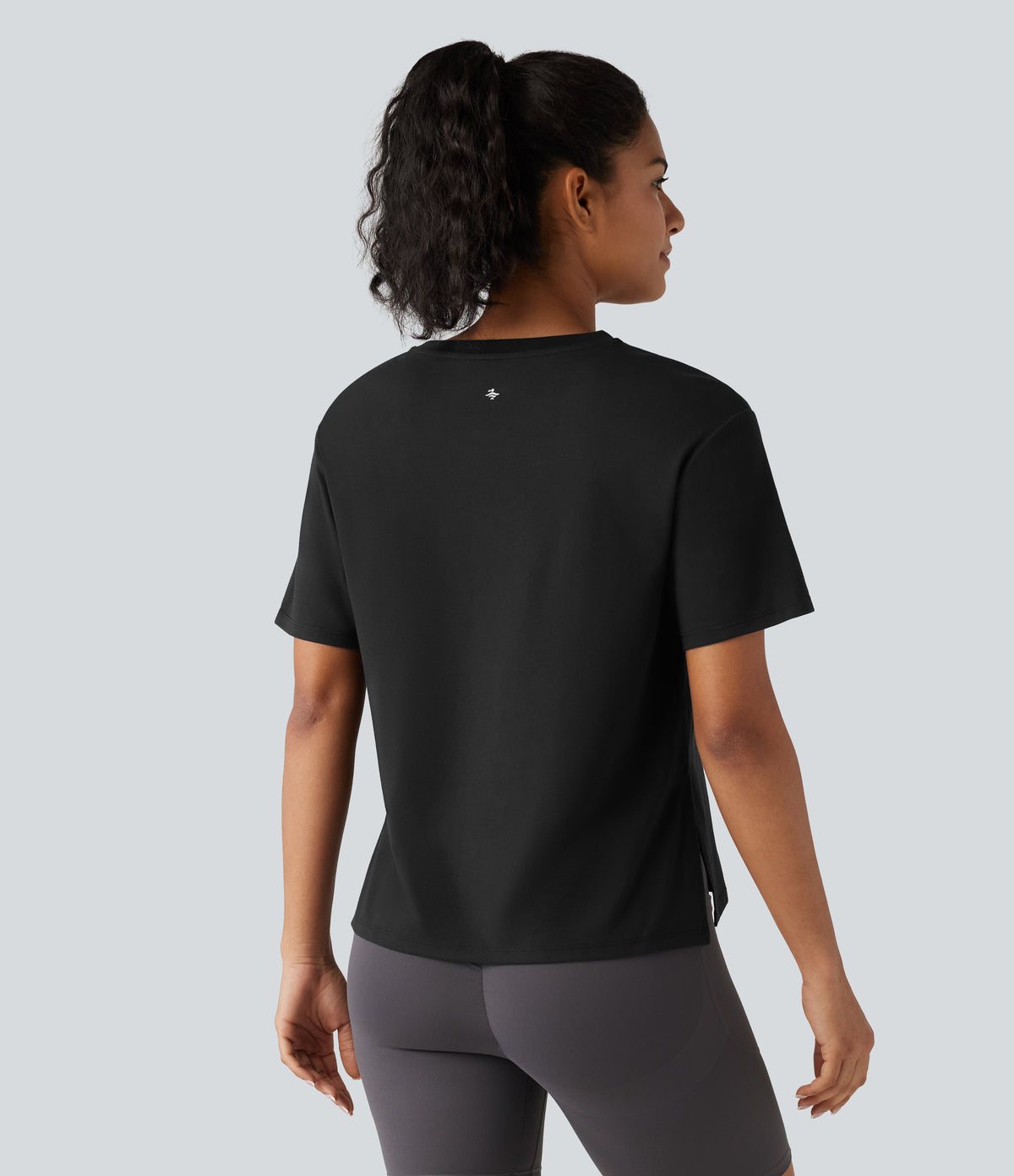 Round Neck Short Sleeve Split Hem Loose Fit Yoga Cotton Sports Top — Black — view 2