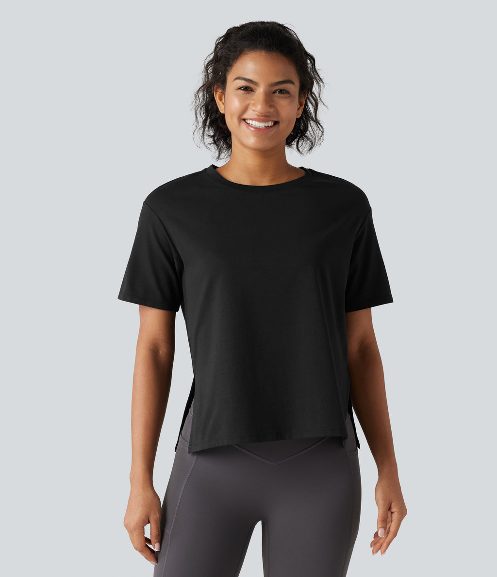 Round Neck Short Sleeve Split Hem Loose Fit Yoga Cotton Sports Top — Black — view 4