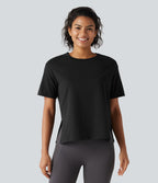 Round Neck Short Sleeve Split Hem Loose Fit Yoga Cotton Sports Top — Black — view 4